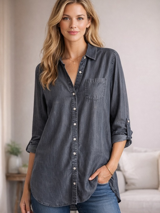 Foxcroft Tencel Button Front Shirt Charcoal Gray Size 16 - Picture 8 of 8